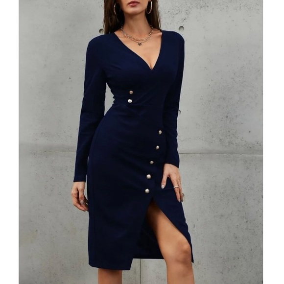 Boho navy blue button detail asymmetrical hem wrap dress - Picture 14 of 14